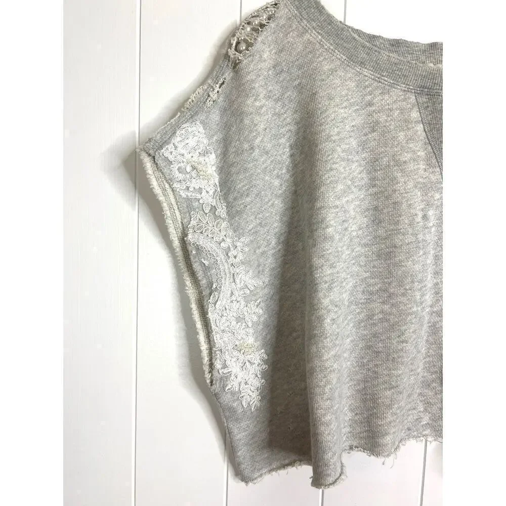 Free People Cropped Gray Sweatshirt with Bead and Lace Applica Size Large - Picture 2 of 7